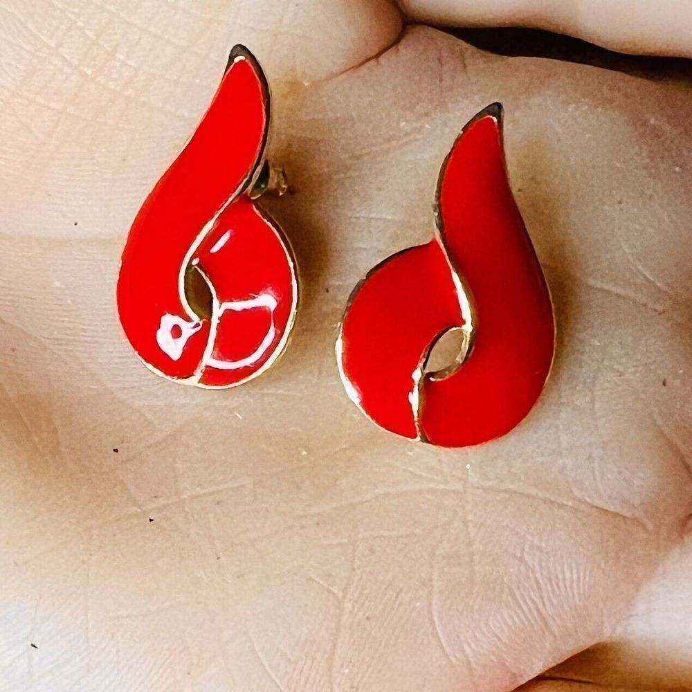 Vintage Enamel Red Gold Tone Enamel Wave Pierced Earrings 90s Y2K
